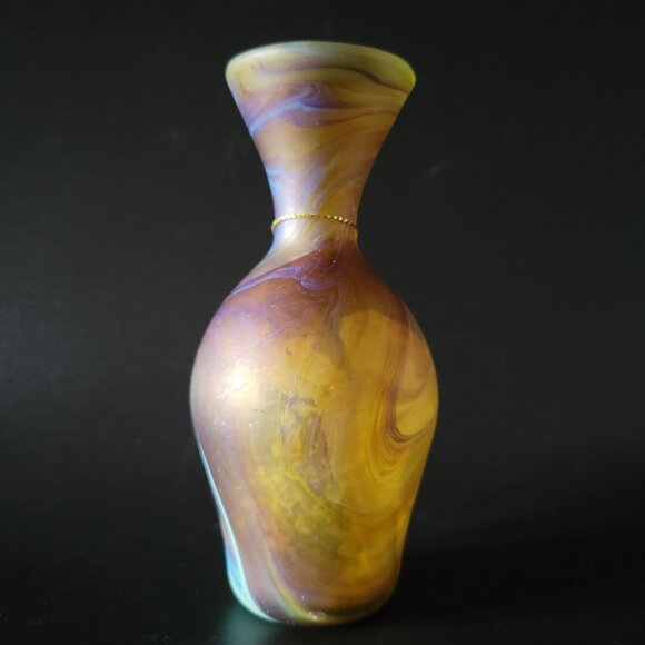Handblown Phoenician Style Vase, Phonecician Bud Vase Brown and Blue 5.375" - Picture 2 of 8